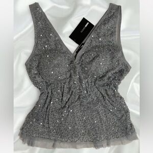 Silver blue sequin beaded top in size XL from